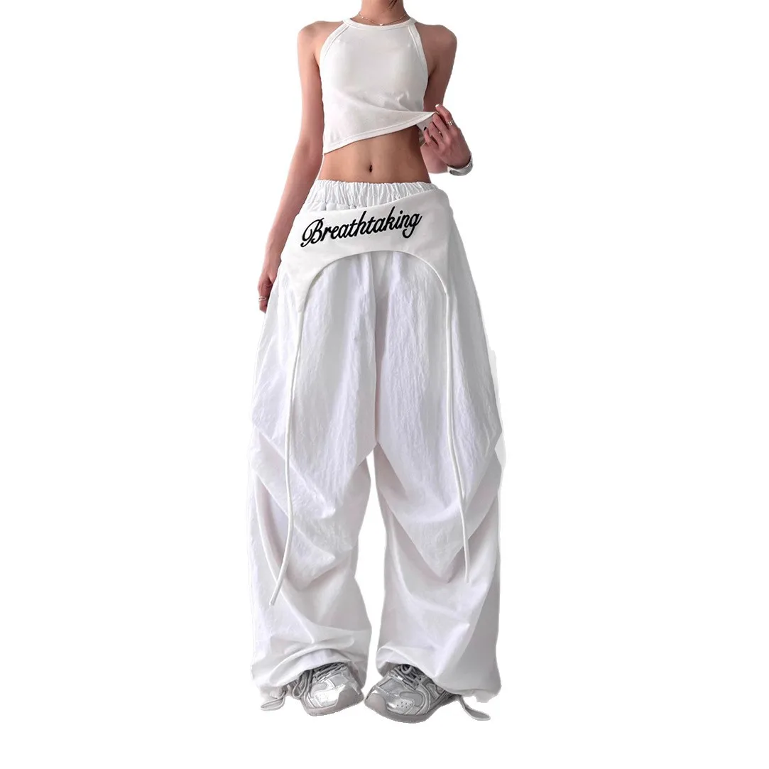 Women's Hip-hop Pants American Streetwear Layered Wide Leg Pants, Summer Breathable Cargo Trousers for Dance & Street Fashion