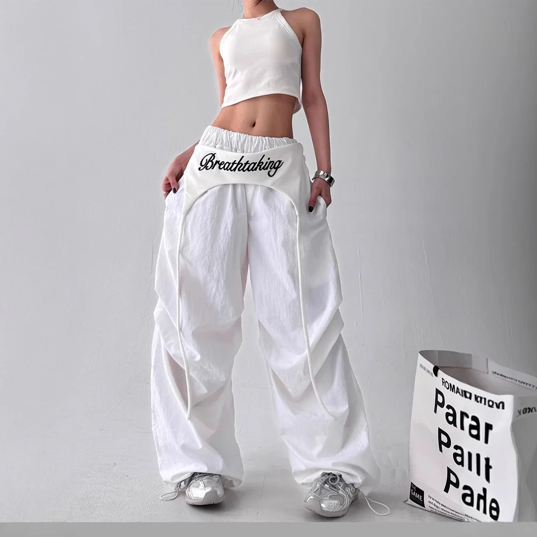 Women's Hip-hop Pants American Streetwear Layered Wide Leg Pants, Summer Breathable Cargo Trousers for Dance & Street Fashion