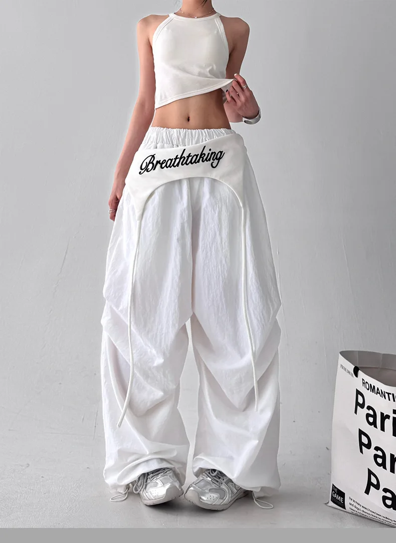 Women's Hip-hop Pants American Streetwear Layered Wide Leg Pants, Summer Breathable Cargo Trousers for Dance & Street Fashion