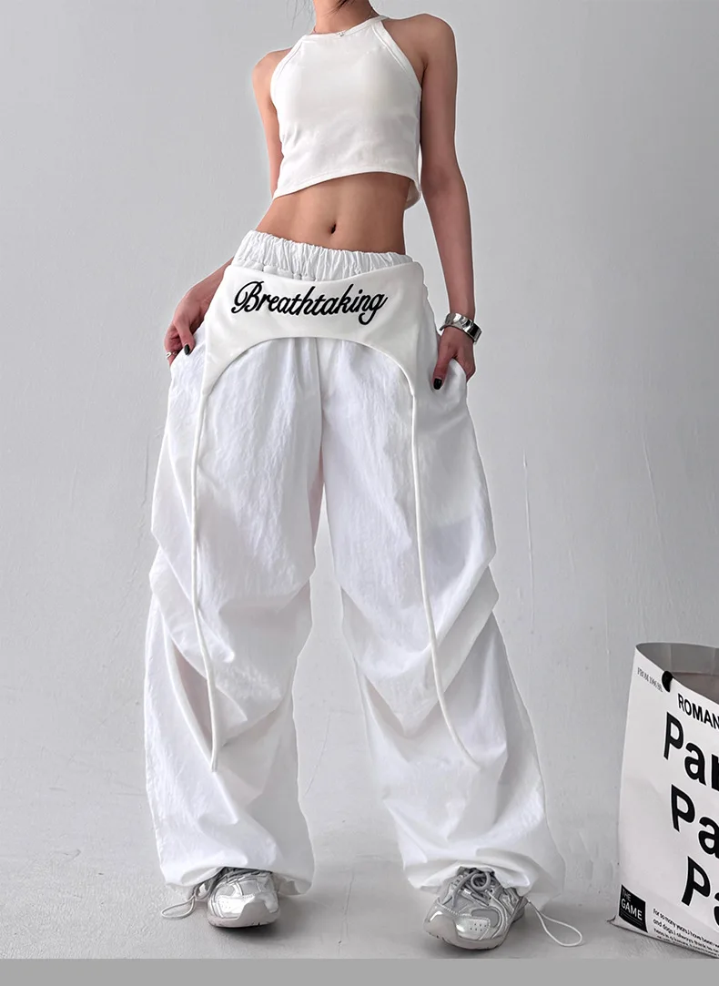Women's Hip-hop Pants American Streetwear Layered Wide Leg Pants, Summer Breathable Cargo Trousers for Dance & Street Fashion