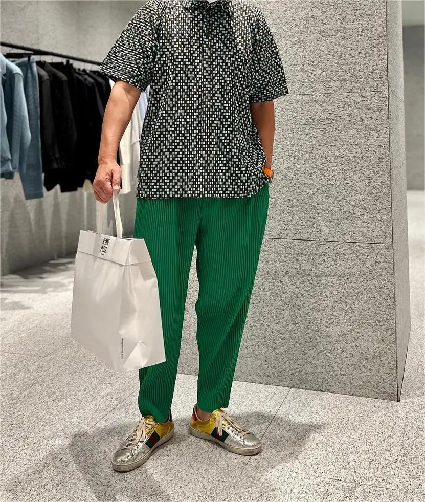Pleats Original Pleated Pants Men's 2024 Summer Casual Drape Tapered Nine-minute Pants Drawstring Radish Small Leg Casual Pants