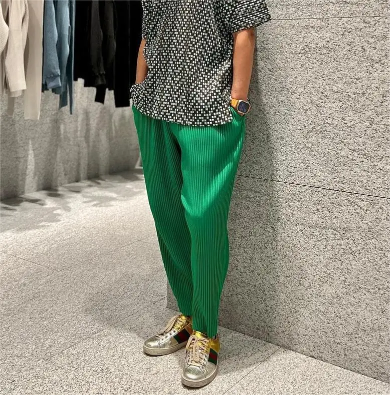 Pleats Original Pleated Pants Men's 2024 Summer Casual Drape Tapered Nine-minute Pants Drawstring Radish Small Leg Casual Pants