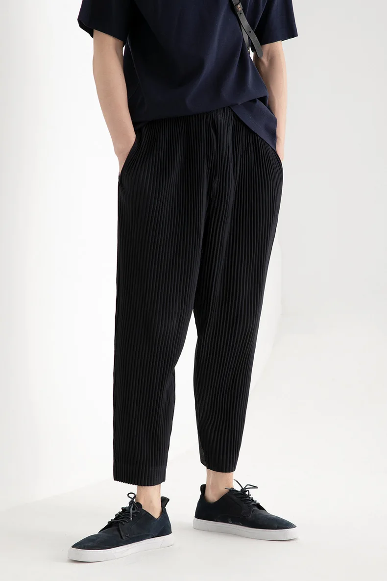 Pleats Original Pleated Pants Men's 2024 Summer Casual Drape Tapered Nine-minute Pants Drawstring Radish Small Leg Casual Pants