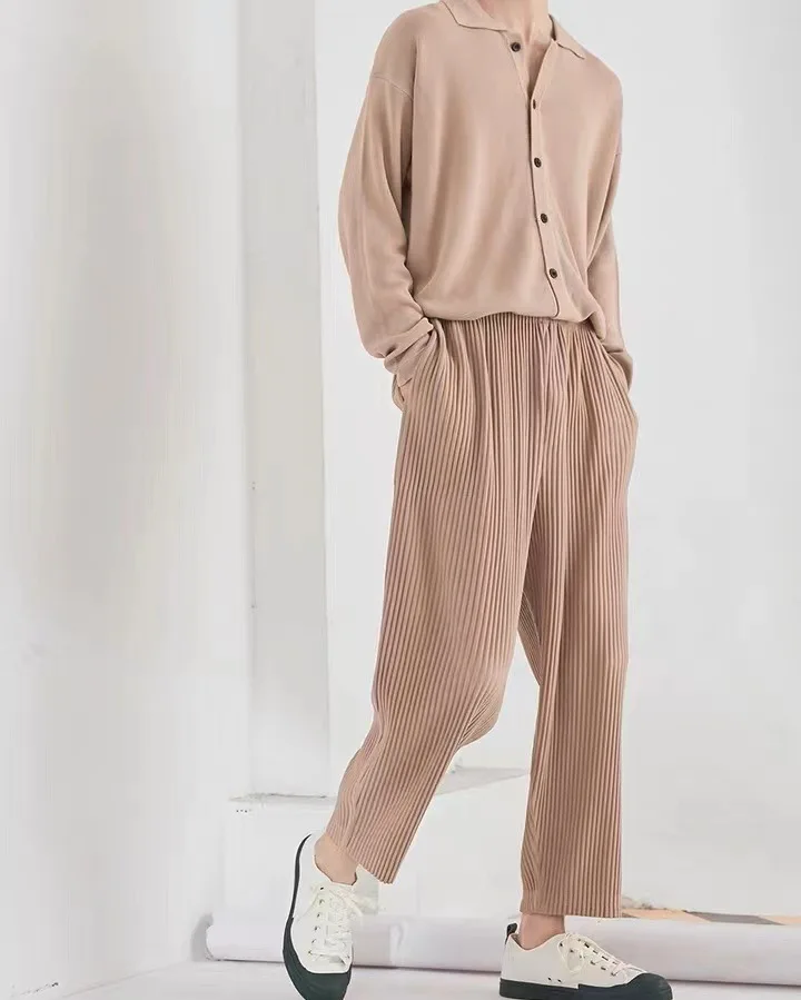 Pleats Original Pleated Pants Men's 2024 Summer Casual Drape Tapered Nine-minute Pants Drawstring Radish Small Leg Casual Pants