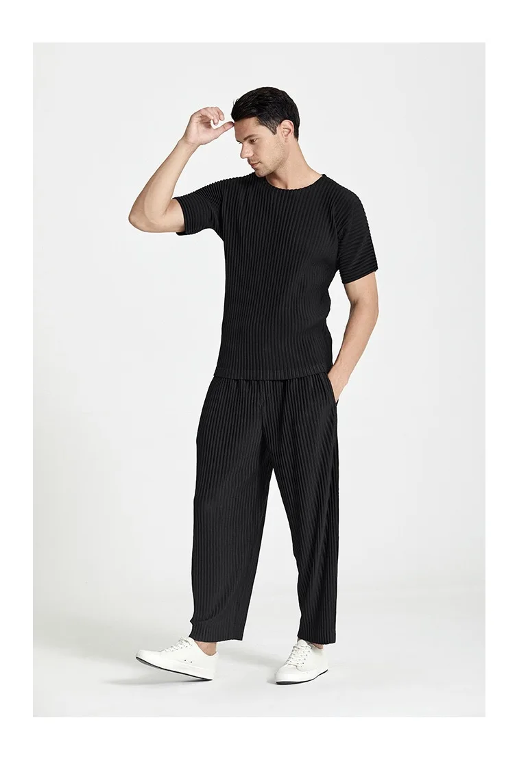 Pleats Original Pleated Pants Men's 2024 Summer Casual Drape Tapered Nine-minute Pants Drawstring Radish Small Leg Casual Pants