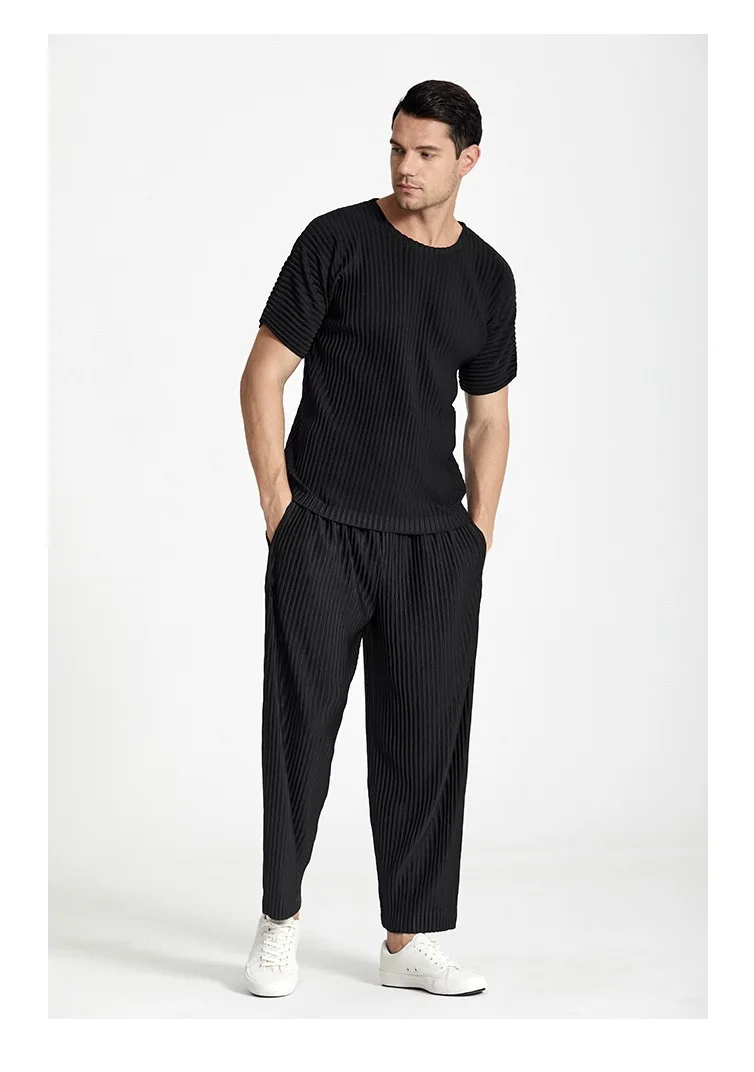 Pleats Original Pleated Pants Men's 2024 Summer Casual Drape Tapered Nine-minute Pants Drawstring Radish Small Leg Casual Pants