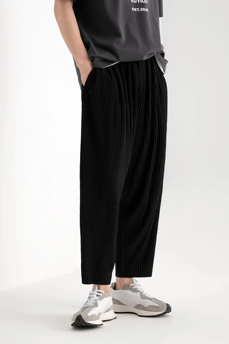 Pleats Original Pleated Pants Men's 2024 Summer Casual Drape Tapered Nine-minute Pants Drawstring Radish Small Leg Casual Pants
