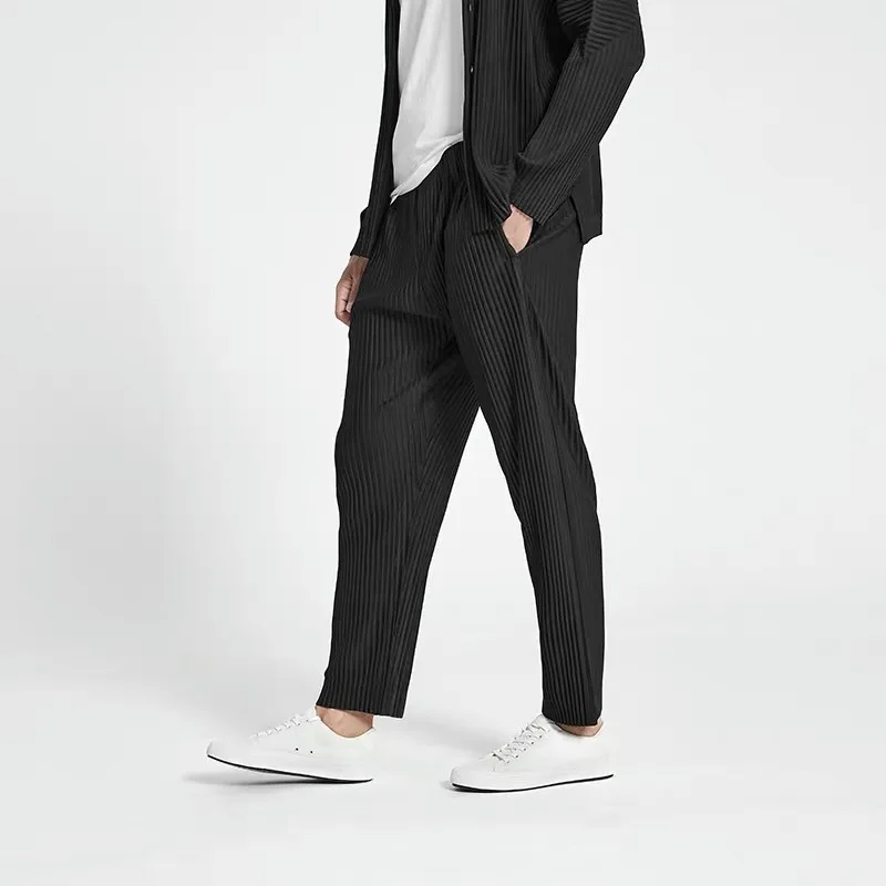 Pleats Original Pleated Pants Men's 2024 Summer Casual Drape Tapered Nine-minute Pants Drawstring Radish Small Leg Casual Pants