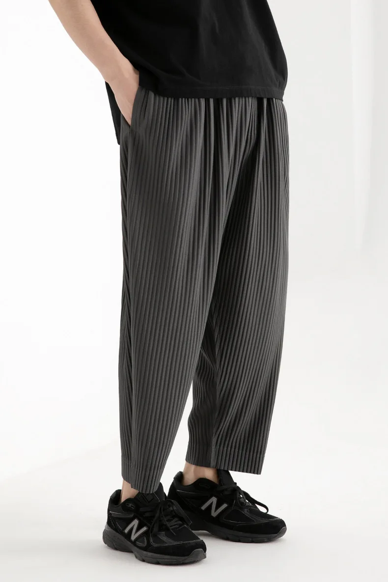 Pleats Original Pleated Pants Men's 2024 Summer Casual Drape Tapered Nine-minute Pants Drawstring Radish Small Leg Casual Pants