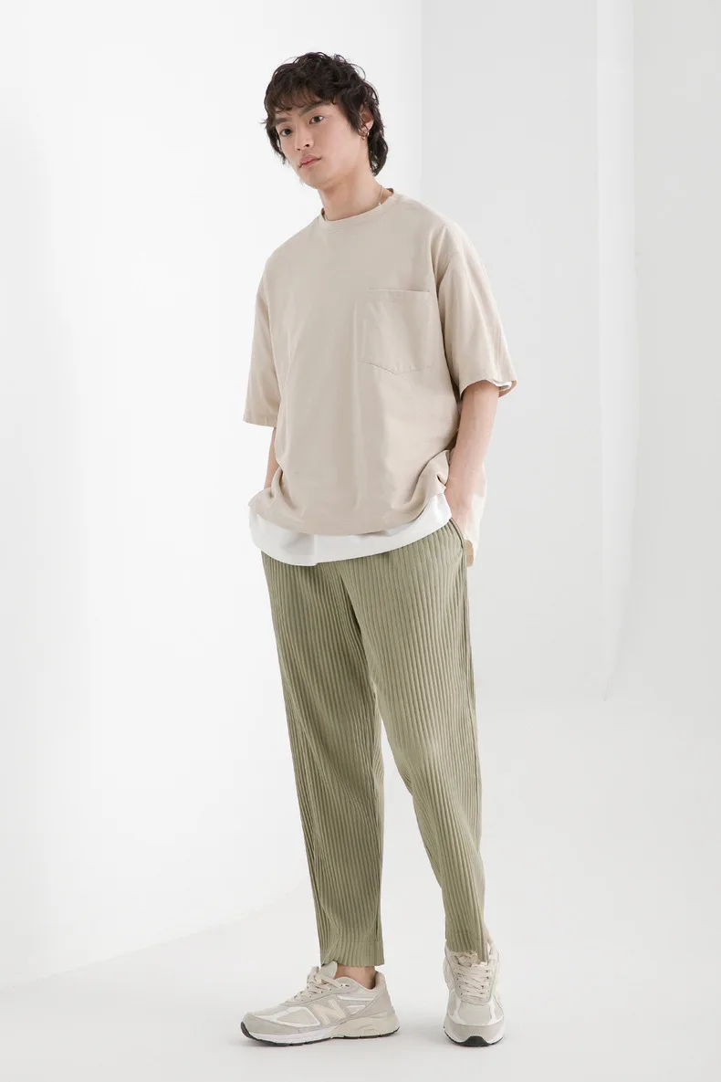 Pleats Original Pleated Pants Men's 2024 Summer Casual Drape Tapered Nine-minute Pants Drawstring Radish Small Leg Casual Pants