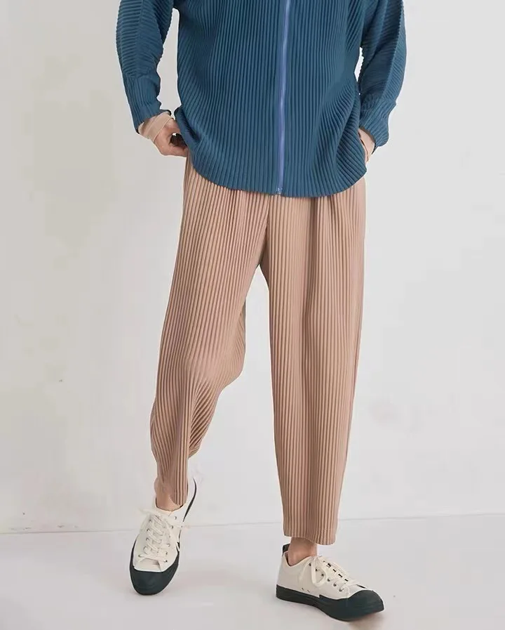 Pleats Original Pleated Pants Men's 2024 Summer Casual Drape Tapered Nine-minute Pants Drawstring Radish Small Leg Casual Pants