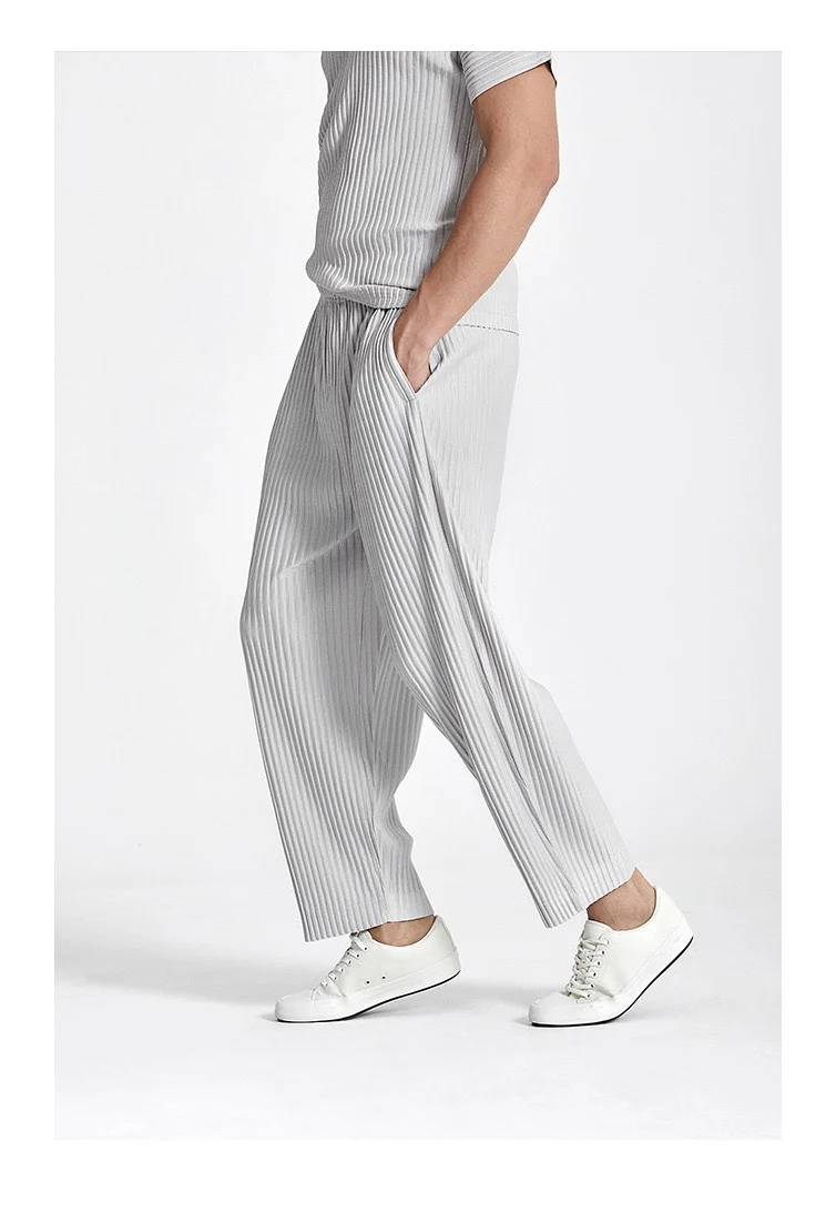 Pleats Original Pleated Pants Men's 2024 Summer Casual Drape Tapered Nine-minute Pants Drawstring Radish Small Leg Casual Pants