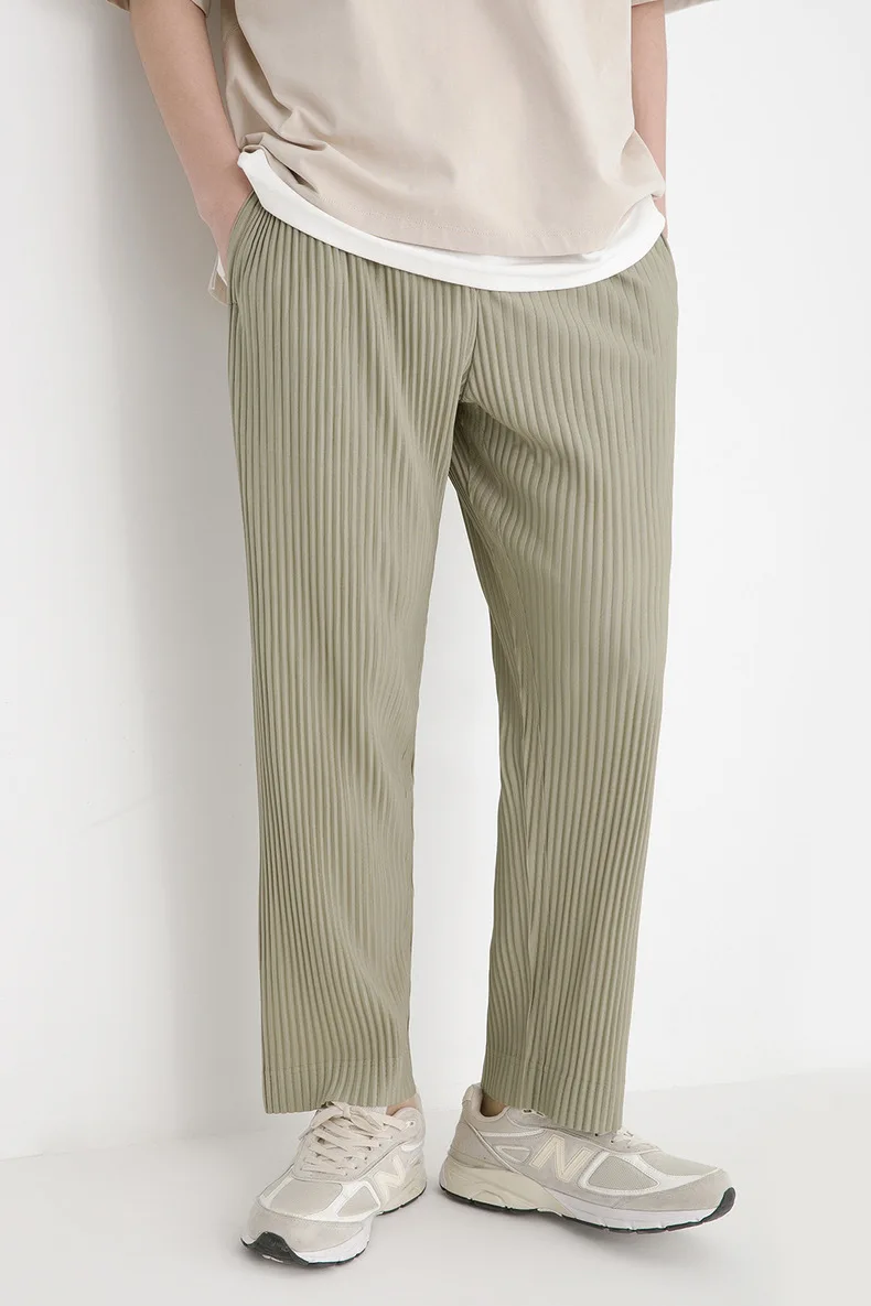 Pleats Original Pleated Pants Men's 2024 Summer Casual Drape Tapered Nine-minute Pants Drawstring Radish Small Leg Casual Pants
