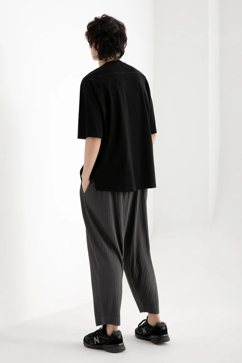 Pleats Original Pleated Pants Men's 2024 Summer Casual Drape Tapered Nine-minute Pants Drawstring Radish Small Leg Casual Pants