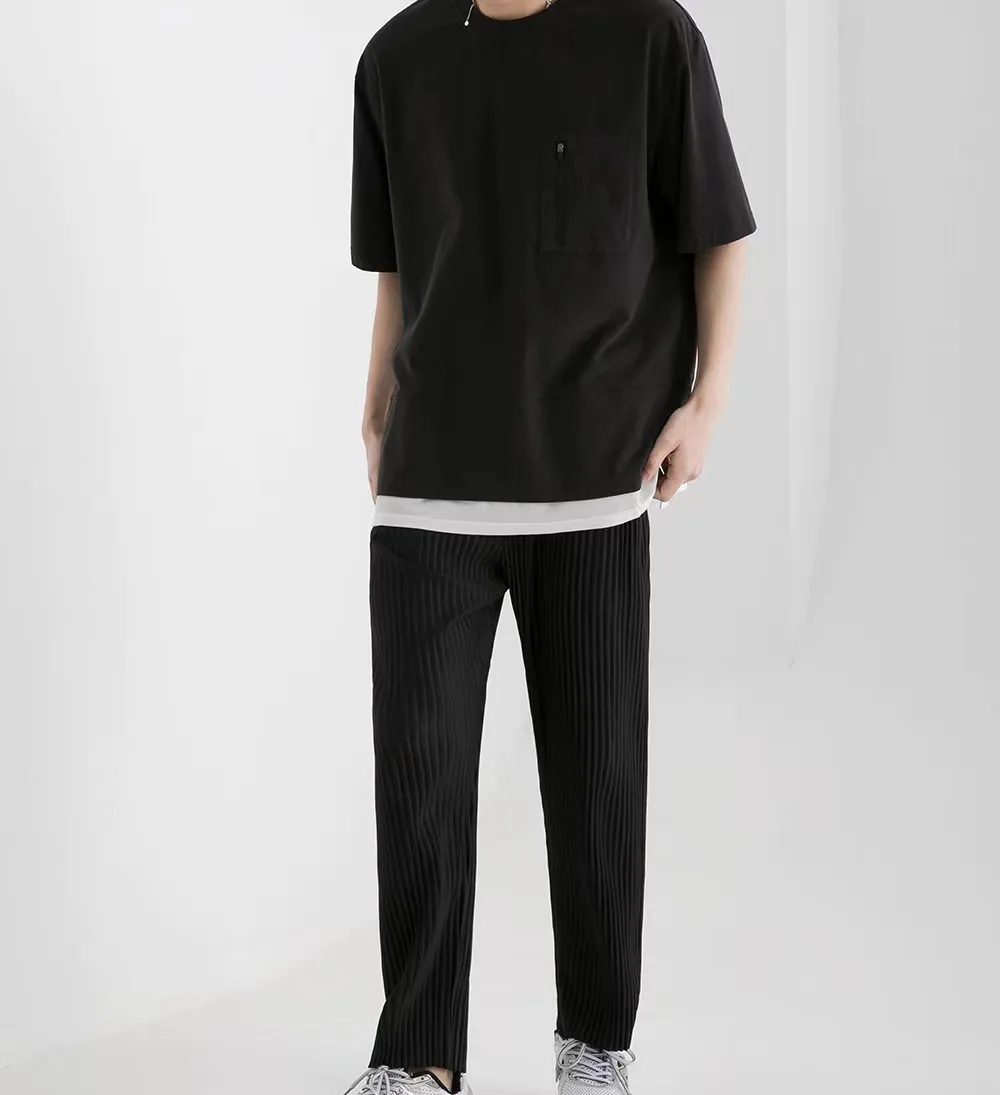 Pleats Original Pleated Pants Men's 2024 Summer Casual Drape Tapered Nine-minute Pants Drawstring Radish Small Leg Casual Pants