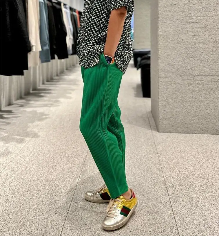 Pleats Original Pleated Pants Men's 2024 Summer Casual Drape Tapered Nine-minute Pants Drawstring Radish Small Leg Casual Pants