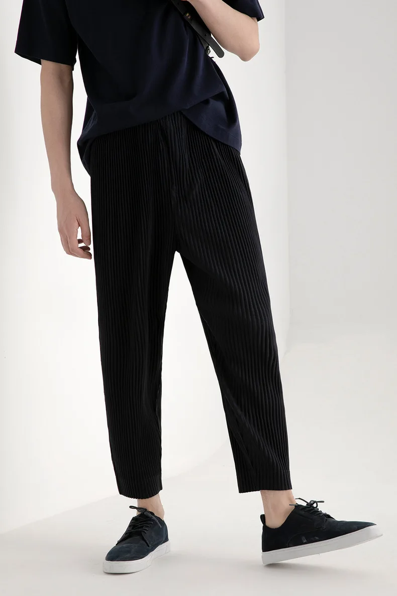 Pleats Original Pleated Pants Men's 2024 Summer Casual Drape Tapered Nine-minute Pants Drawstring Radish Small Leg Casual Pants