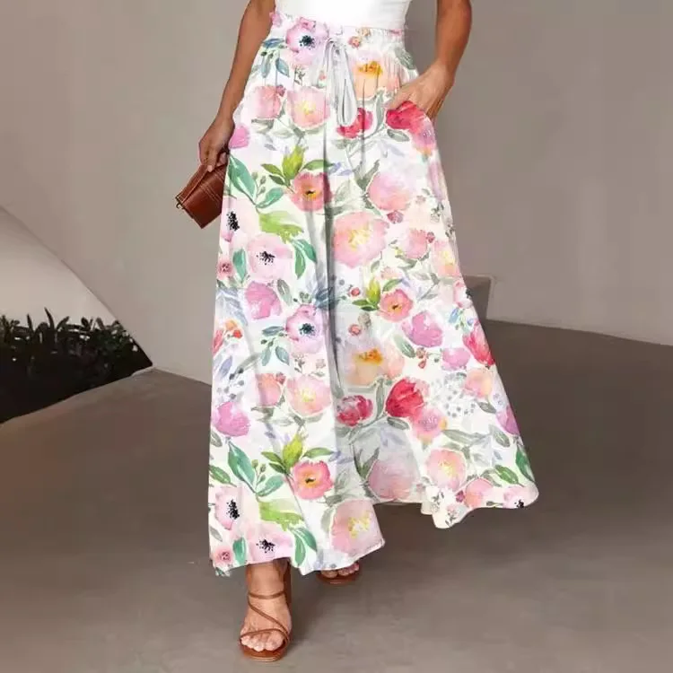 Pant Women Wide Leg Long Pants Print Floral Elastic Waist Straight Trousers Y2k Streetwear Elegant Maxi Capris Loose Summer