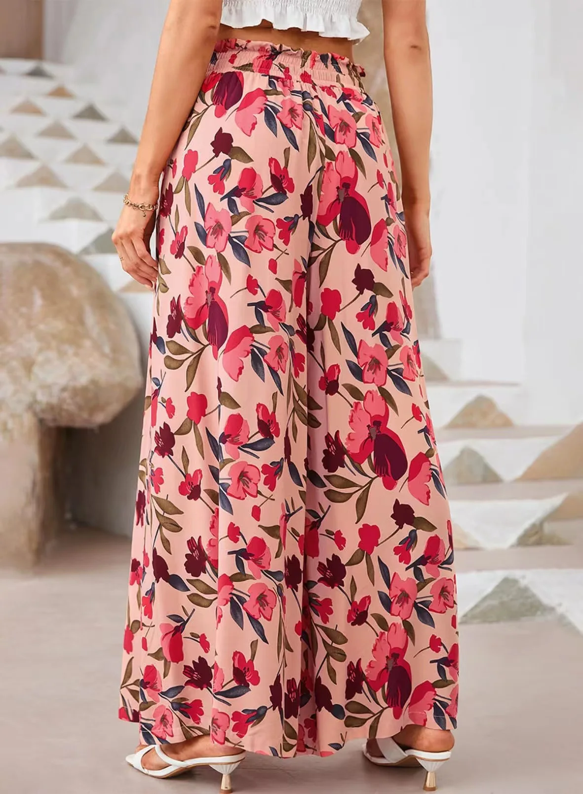 Pant Women Wide Leg Long Pants Print Floral Elastic Waist Straight Trousers Y2k Streetwear Elegant Maxi Capris Loose Summer
