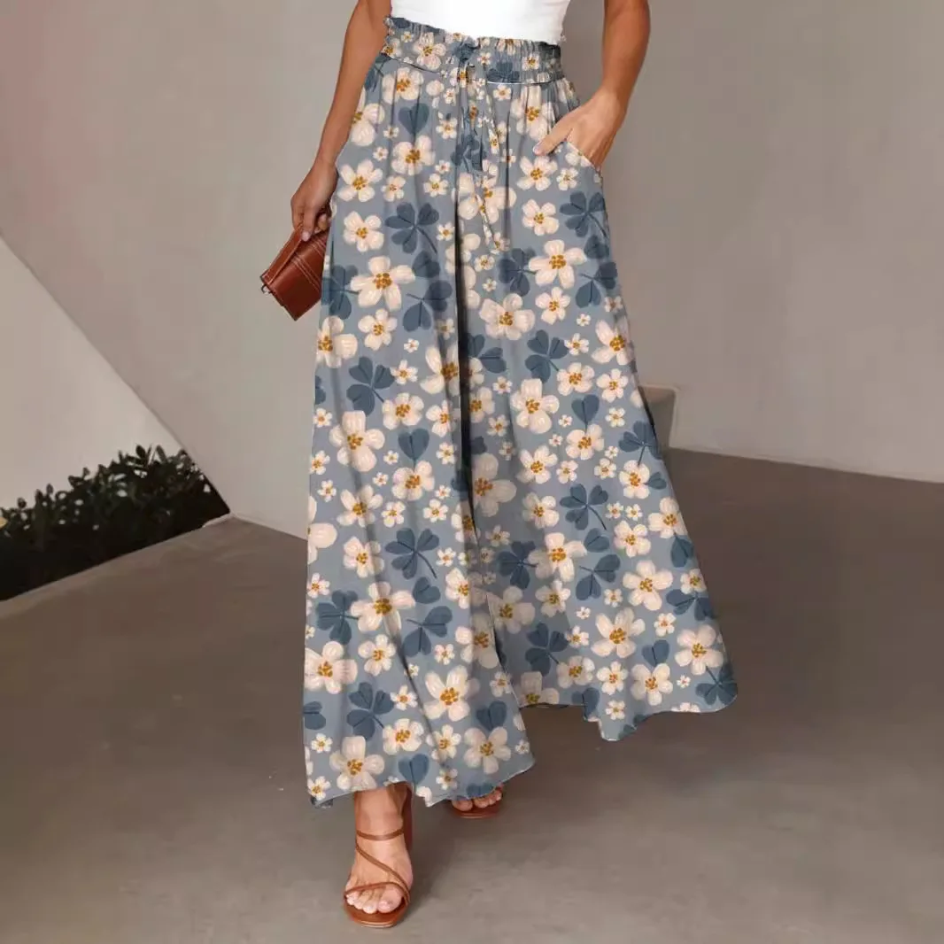 Pant Women Wide Leg Long Pants Print Floral Elastic Waist Straight Trousers Y2k Streetwear Elegant Maxi Capris Loose Summer