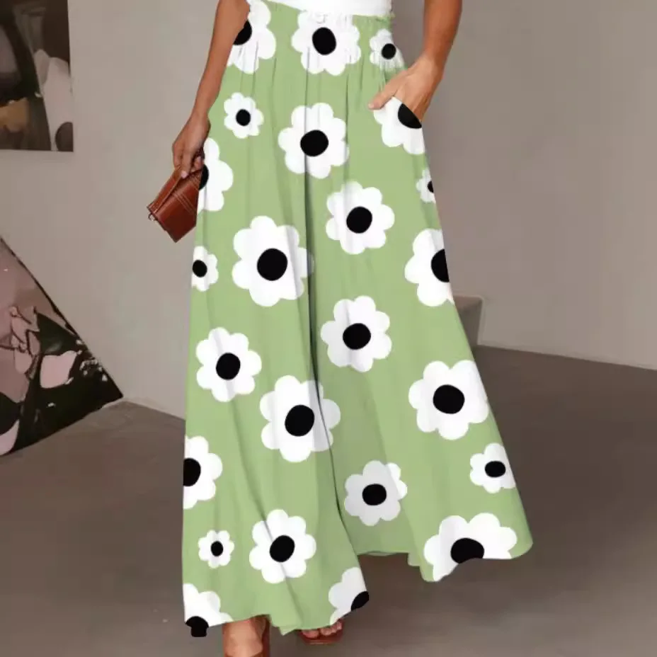Pant Women Wide Leg Long Pants Print Floral Elastic Waist Straight Trousers Y2k Streetwear Elegant Maxi Capris Loose Summer