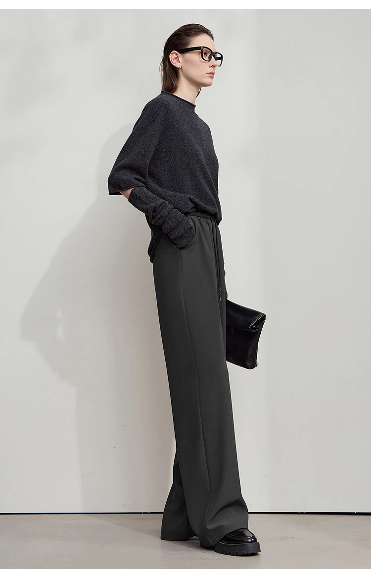 AMII 2026 Autumn Women Trousers Loose Casual Lace Up Elastic Wide Leg Pants Straight Solid Full Length Women's Clothing 12553006