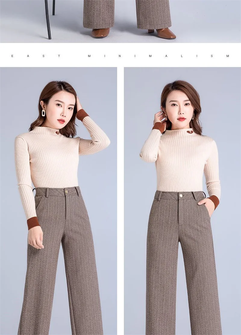 Women's Woolen Wide Leg Pants Autumn Winter Thicken High Waist Casual Straight Pants High End Office Lady Elegant Wool Trousers