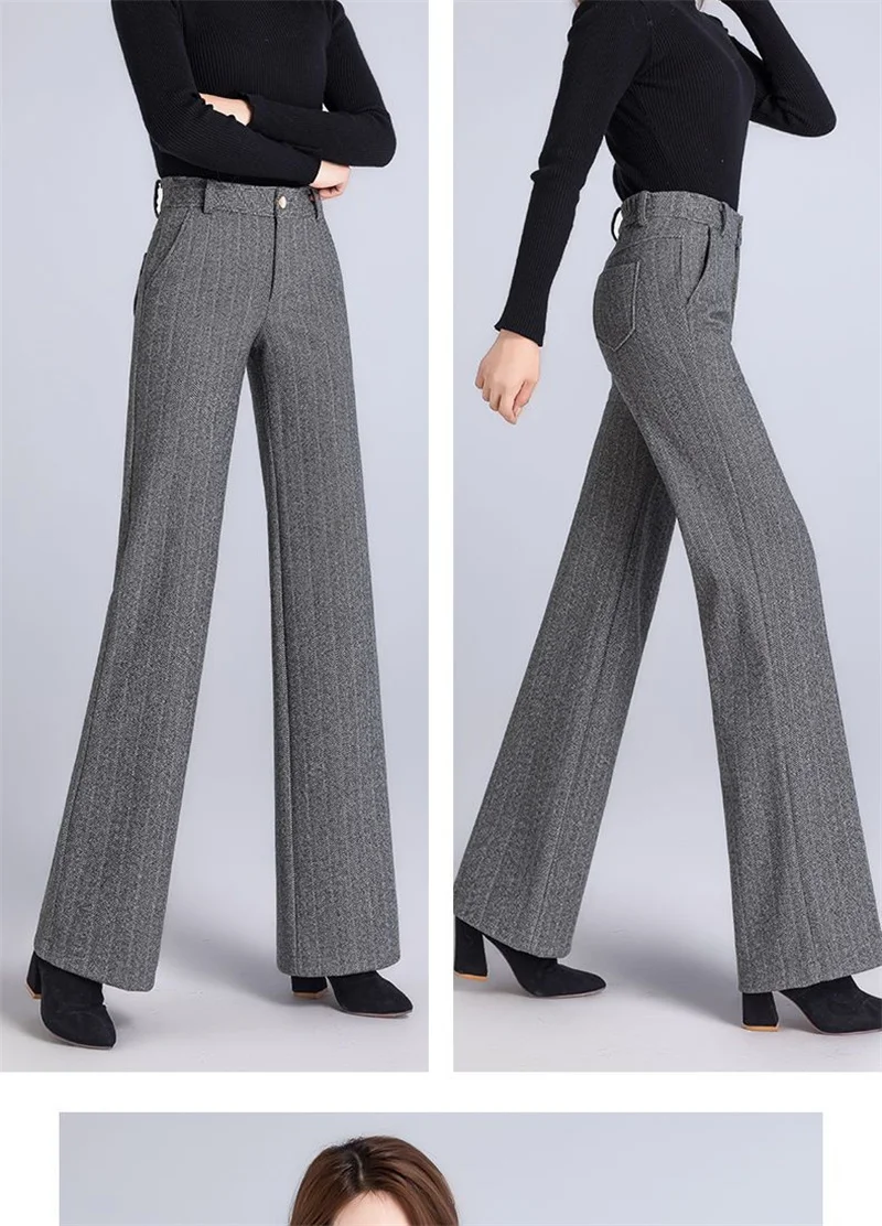 Women's Woolen Wide Leg Pants Autumn Winter Thicken High Waist Casual Straight Pants High End Office Lady Elegant Wool Trousers