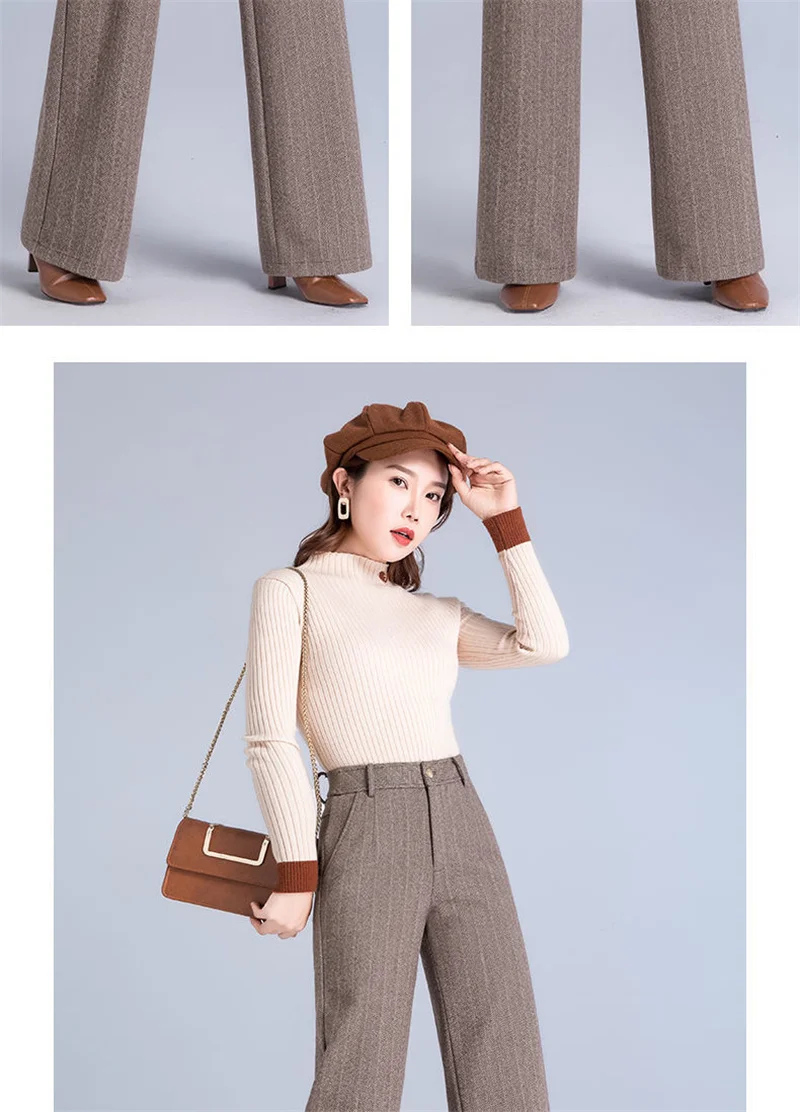 Women's Woolen Wide Leg Pants Autumn Winter Thicken High Waist Casual Straight Pants High End Office Lady Elegant Wool Trousers