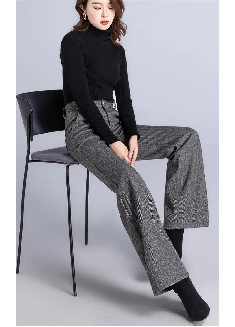 Women's Woolen Wide Leg Pants Autumn Winter Thicken High Waist Casual Straight Pants High End Office Lady Elegant Wool Trousers
