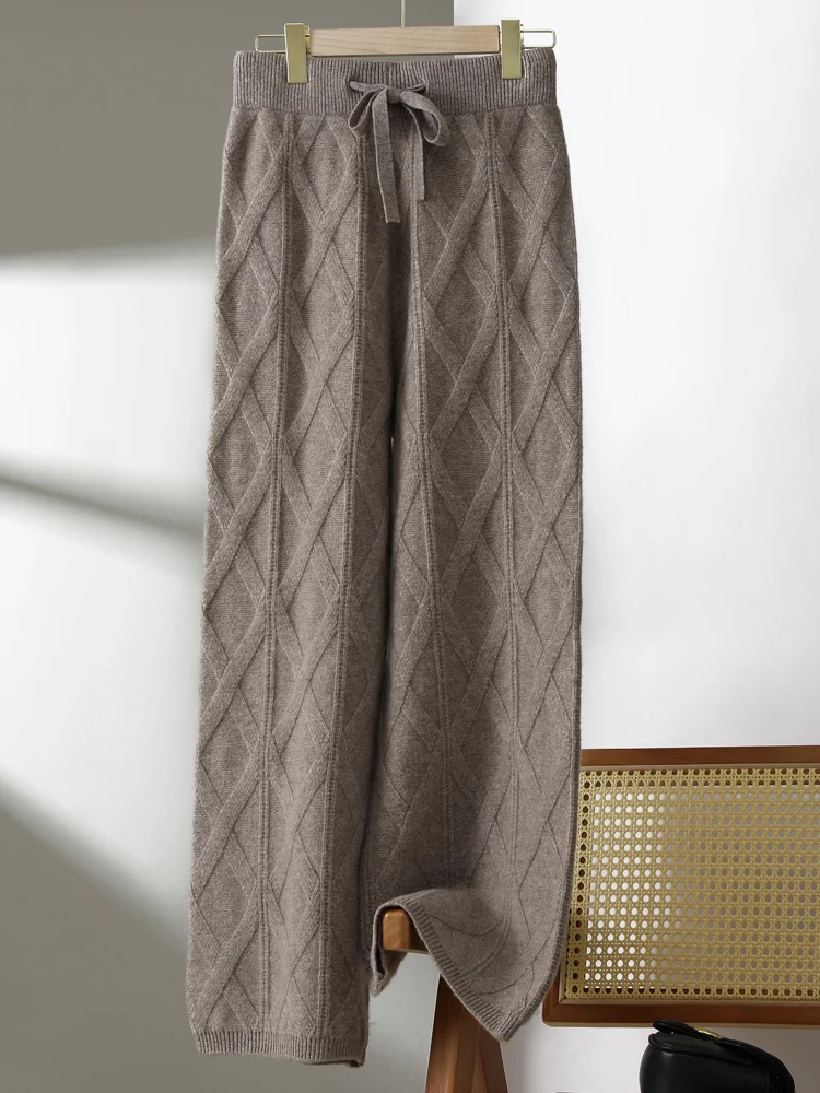 Office Lady Women Wool Pants Autumn Winter Thick Cashmere Wide Leg Trousers 100% Merino Wool Knitted Grace Retro Jacquard Pants