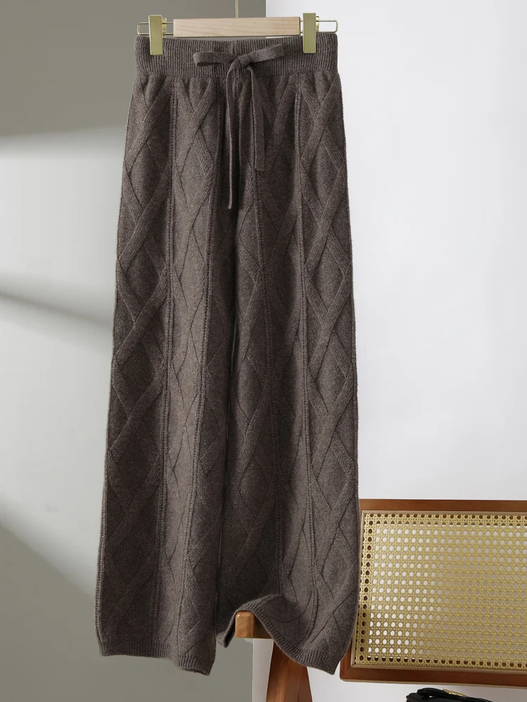 Office Lady Women Wool Pants Autumn Winter Thick Cashmere Wide Leg Trousers 100% Merino Wool Knitted Grace Retro Jacquard Pants