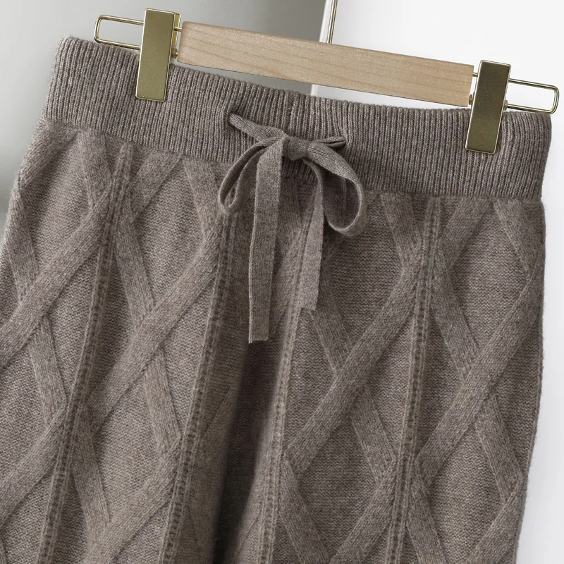 Office Lady Women Wool Pants Autumn Winter Thick Cashmere Wide Leg Trousers 100% Merino Wool Knitted Grace Retro Jacquard Pants