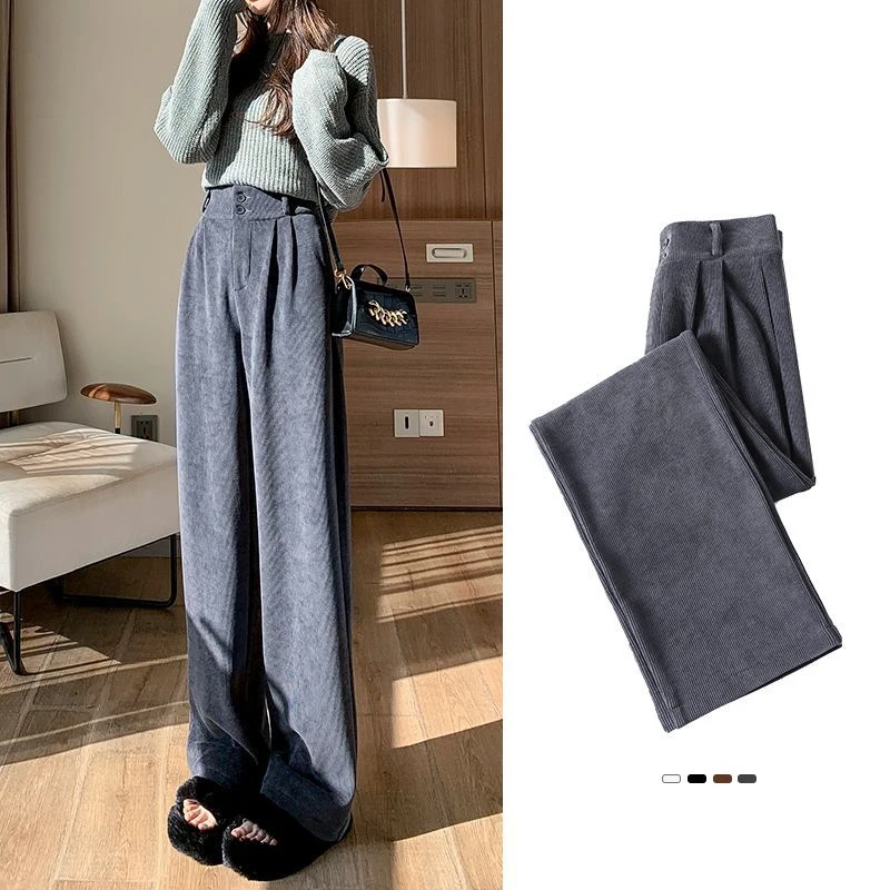Korean Fashion 2025 Women's Pants Winter Plus Velvet Wide Leg Pants Casual Woman Pant High Waist Straight Women Loose Trousers