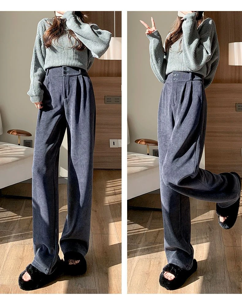 Korean Fashion 2025 Women's Pants Winter Plus Velvet Wide Leg Pants Casual Woman Pant High Waist Straight Women Loose Trousers