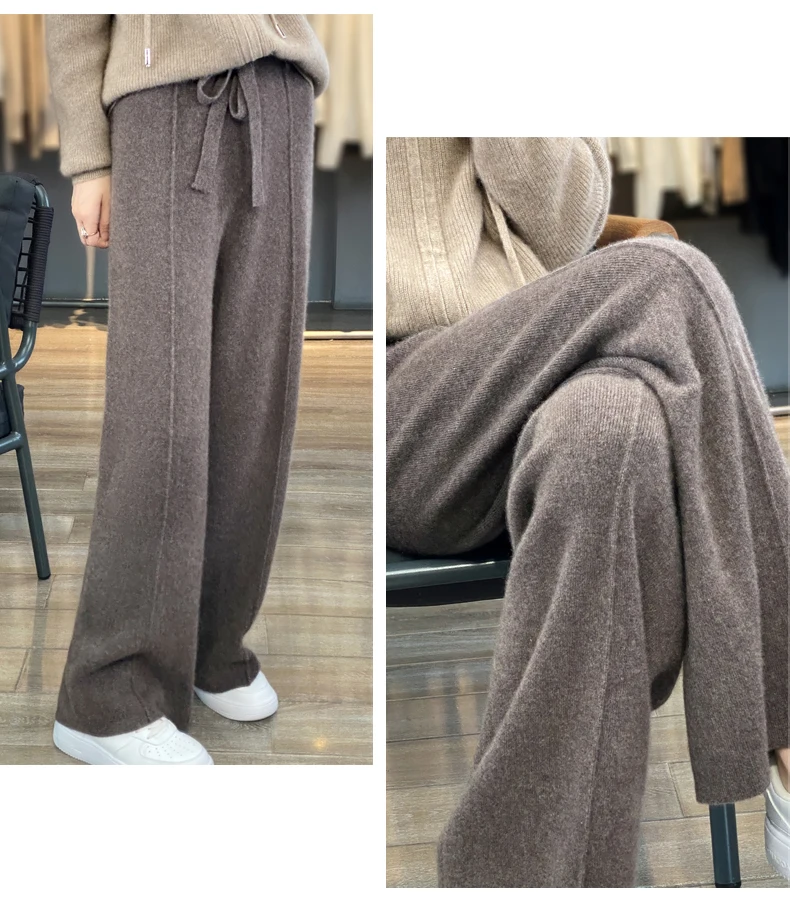 New Women Autumn Winter Wide-Leg Pants 100% Merino Wool High Waist Trousers High Quality Soft Casual Straight Leg Slacks Popular