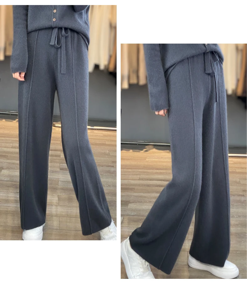 New Women Autumn Winter Wide-Leg Pants 100% Merino Wool High Waist Trousers High Quality Soft Casual Straight Leg Slacks Popular