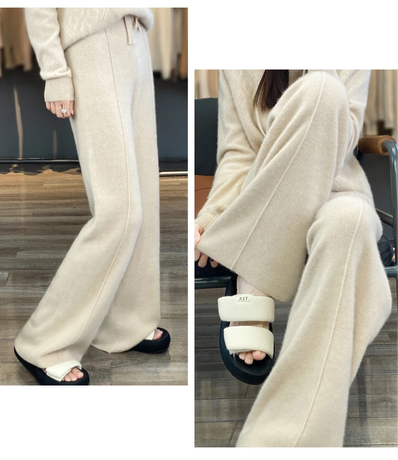 New Women Autumn Winter Wide-Leg Pants 100% Merino Wool High Waist Trousers High Quality Soft Casual Straight Leg Slacks Popular