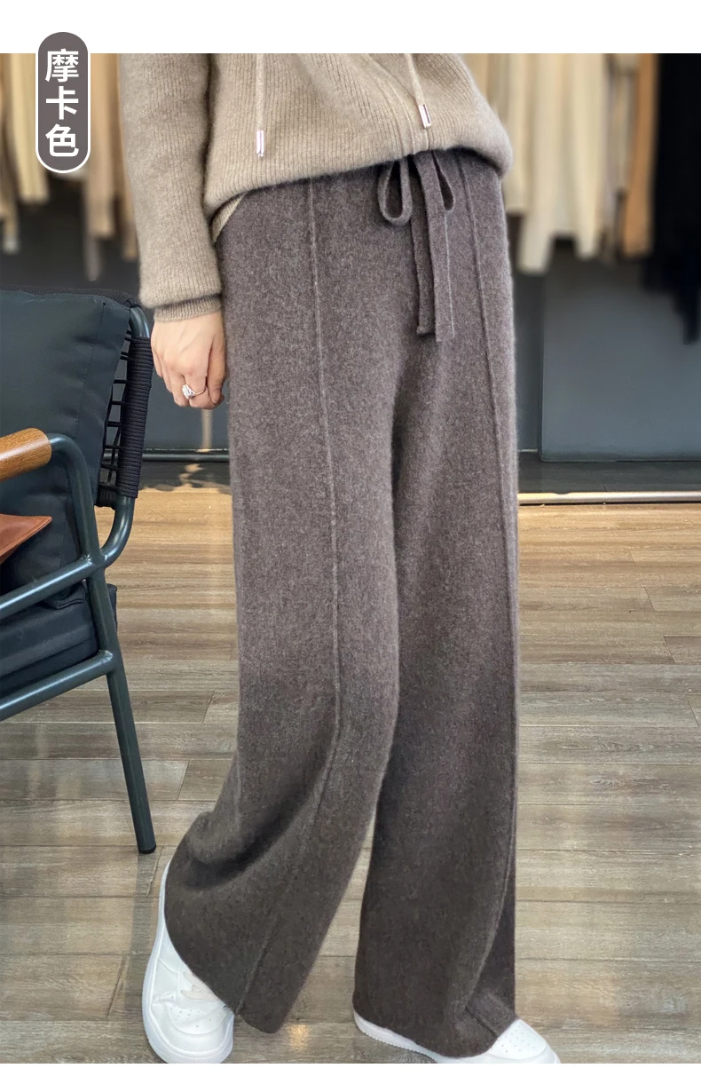 New Women Autumn Winter Wide-Leg Pants 100% Merino Wool High Waist Trousers High Quality Soft Casual Straight Leg Slacks Popular