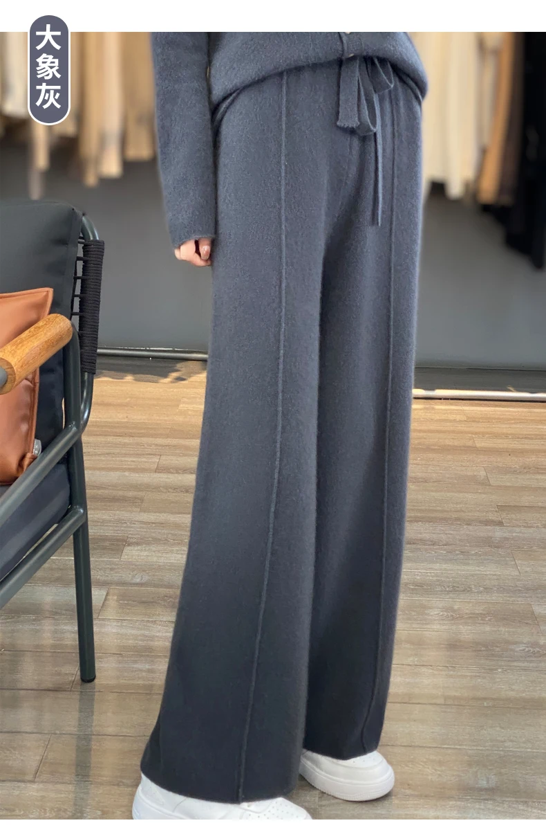 New Women Autumn Winter Wide-Leg Pants 100% Merino Wool High Waist Trousers High Quality Soft Casual Straight Leg Slacks Popular