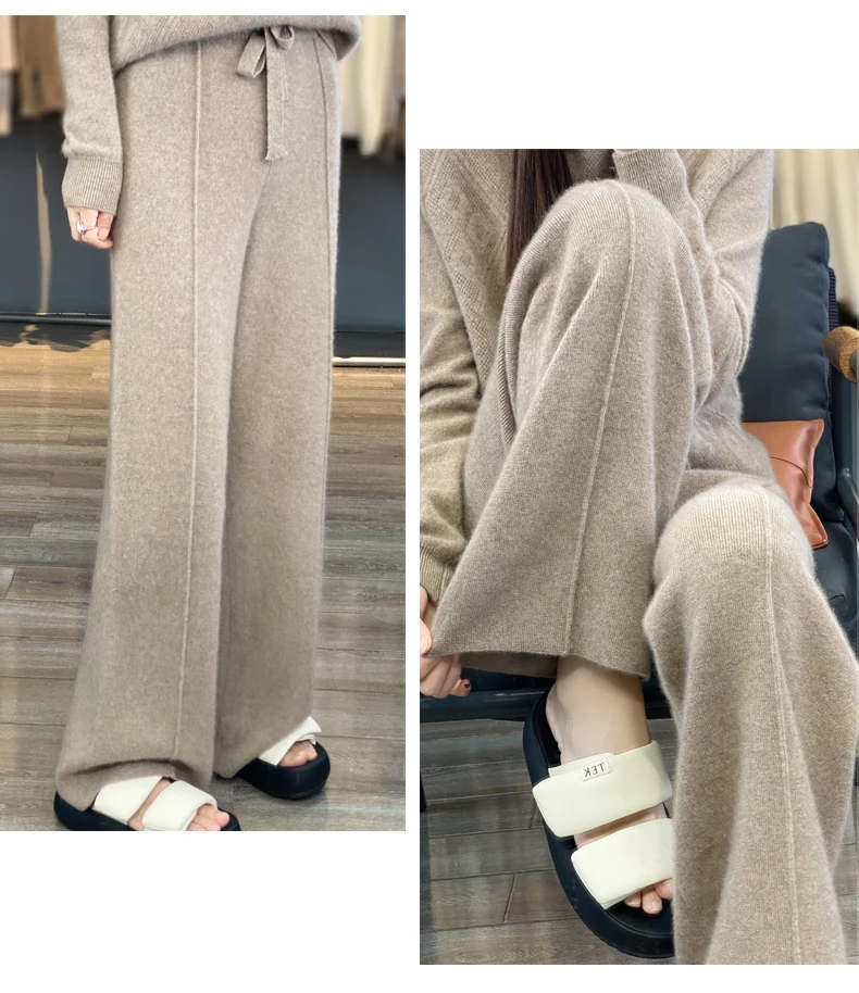 New Women Autumn Winter Wide-Leg Pants 100% Merino Wool High Waist Trousers High Quality Soft Casual Straight Leg Slacks Popular