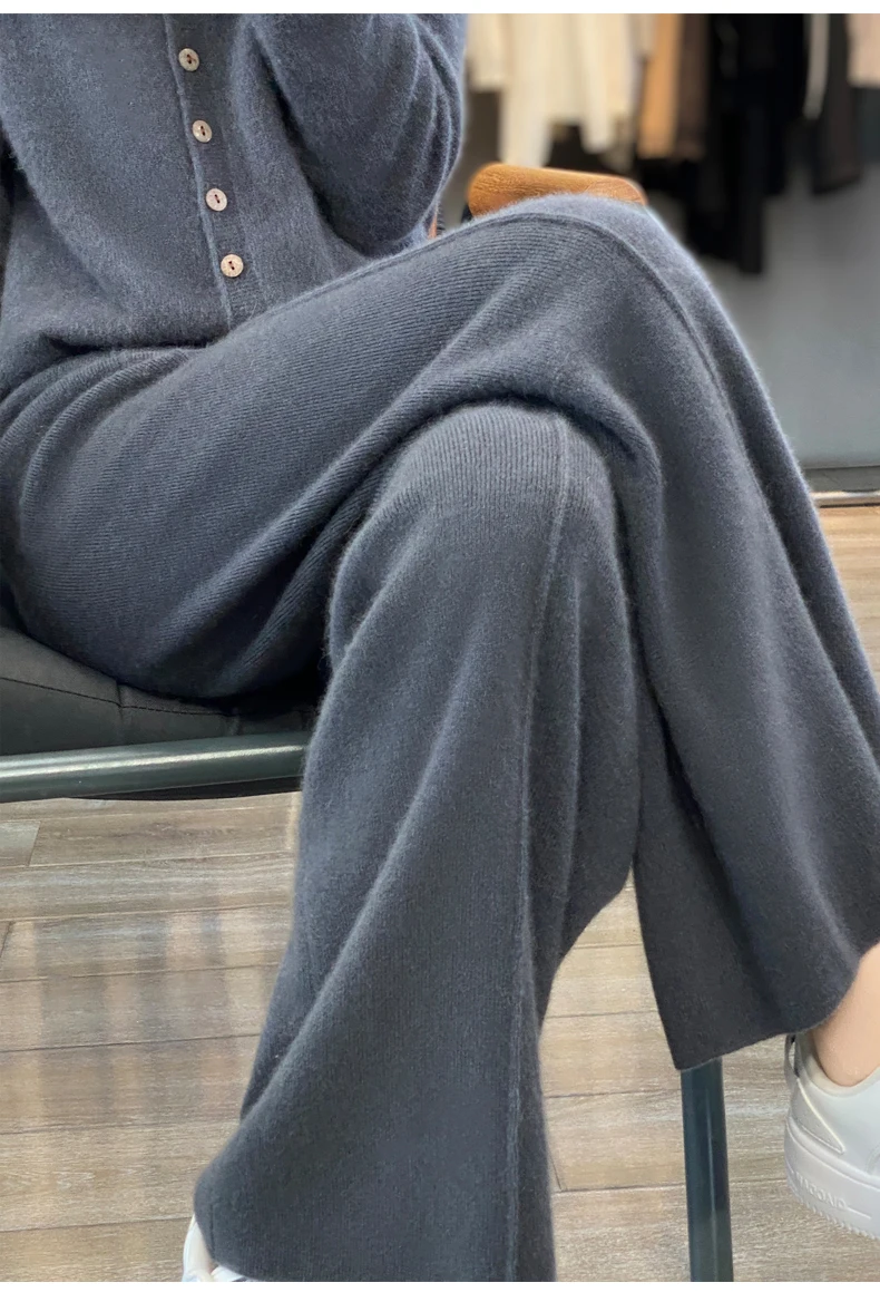 New Women Autumn Winter Wide-Leg Pants 100% Merino Wool High Waist Trousers High Quality Soft Casual Straight Leg Slacks Popular