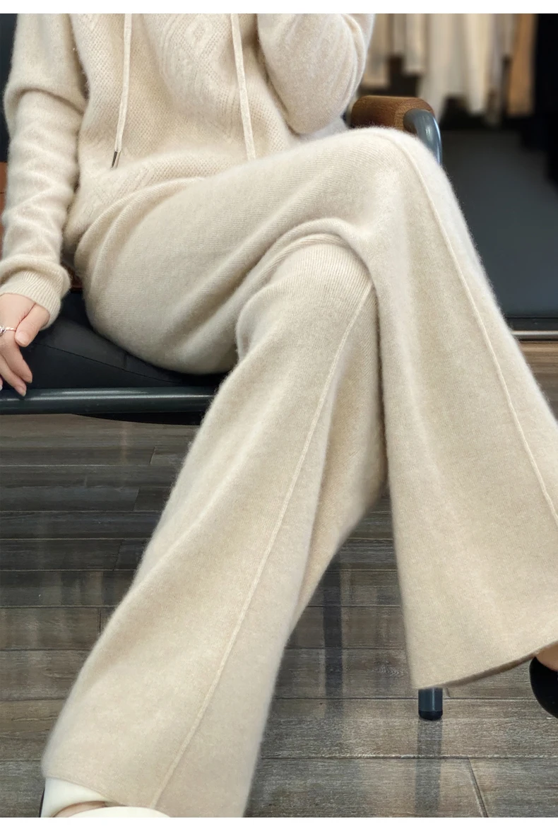New Women Autumn Winter Wide-Leg Pants 100% Merino Wool High Waist Trousers High Quality Soft Casual Straight Leg Slacks Popular