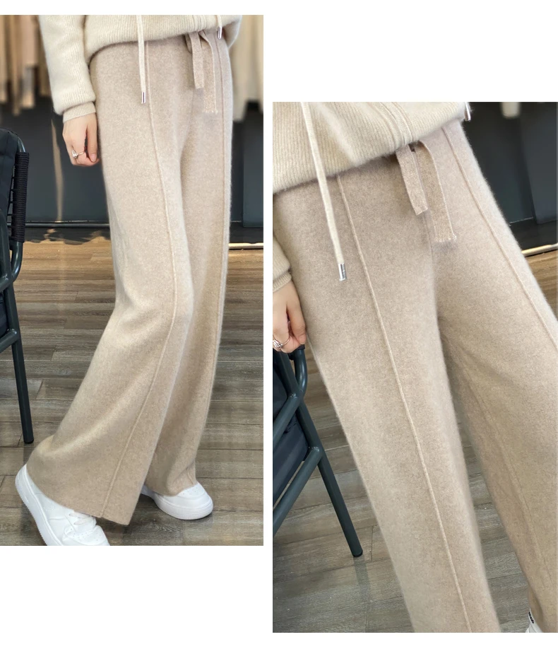 New Women Autumn Winter Wide-Leg Pants 100% Merino Wool High Waist Trousers High Quality Soft Casual Straight Leg Slacks Popular