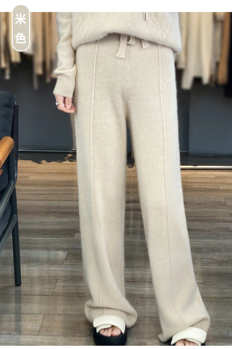 New Women Autumn Winter Wide-Leg Pants 100% Merino Wool High Waist Trousers High Quality Soft Casual Straight Leg Slacks Popular