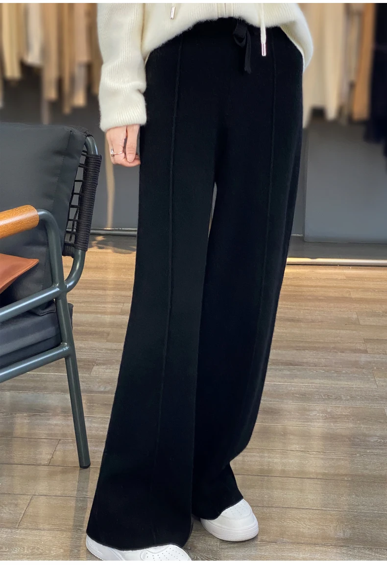 New Women Autumn Winter Wide-Leg Pants 100% Merino Wool High Waist Trousers High Quality Soft Casual Straight Leg Slacks Popular