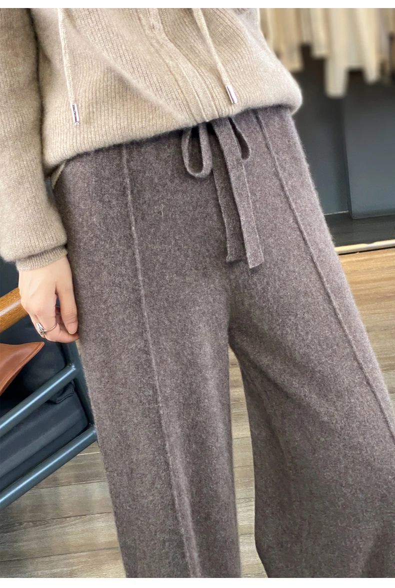 New Women Autumn Winter Wide-Leg Pants 100% Merino Wool High Waist Trousers High Quality Soft Casual Straight Leg Slacks Popular