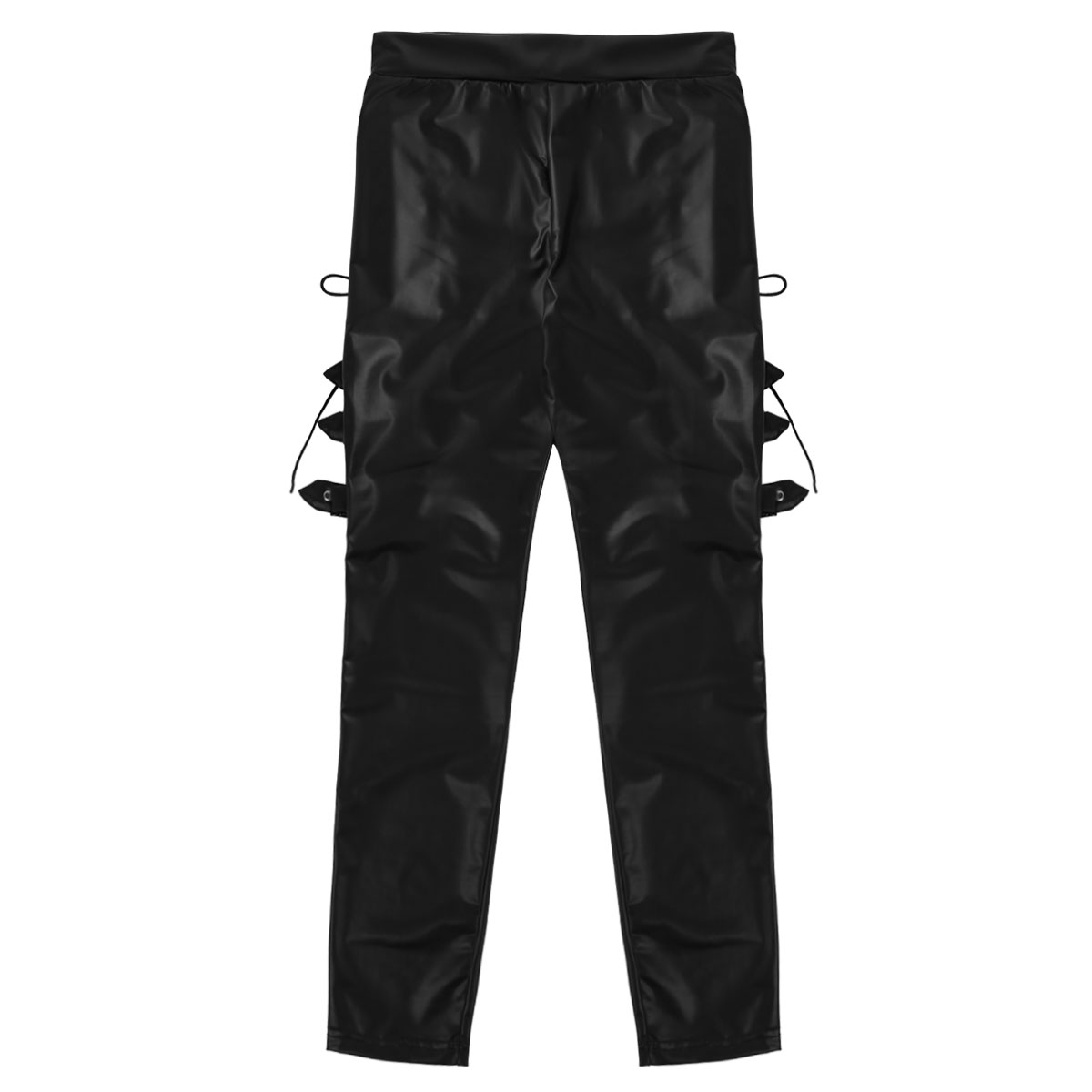 Women Pants Wet Look Faux Leather Mid Waist Fishnet Splice Thigh with Buckles Decoration Side Lace Up Stretchy Legging Trousers