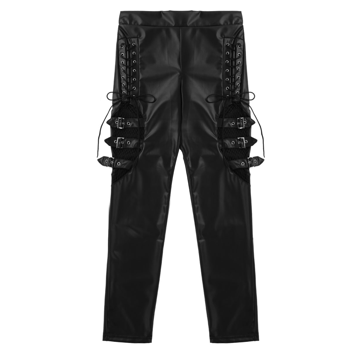 Women Pants Wet Look Faux Leather Mid Waist Fishnet Splice Thigh with Buckles Decoration Side Lace Up Stretchy Legging Trousers
