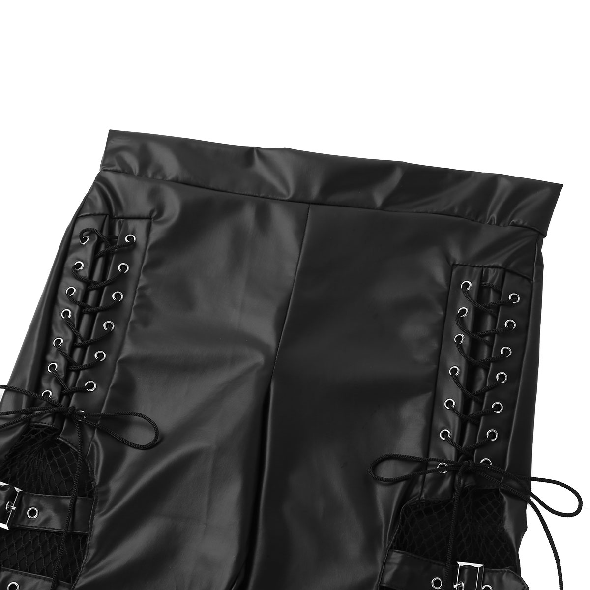 Women Pants Wet Look Faux Leather Mid Waist Fishnet Splice Thigh with Buckles Decoration Side Lace Up Stretchy Legging Trousers